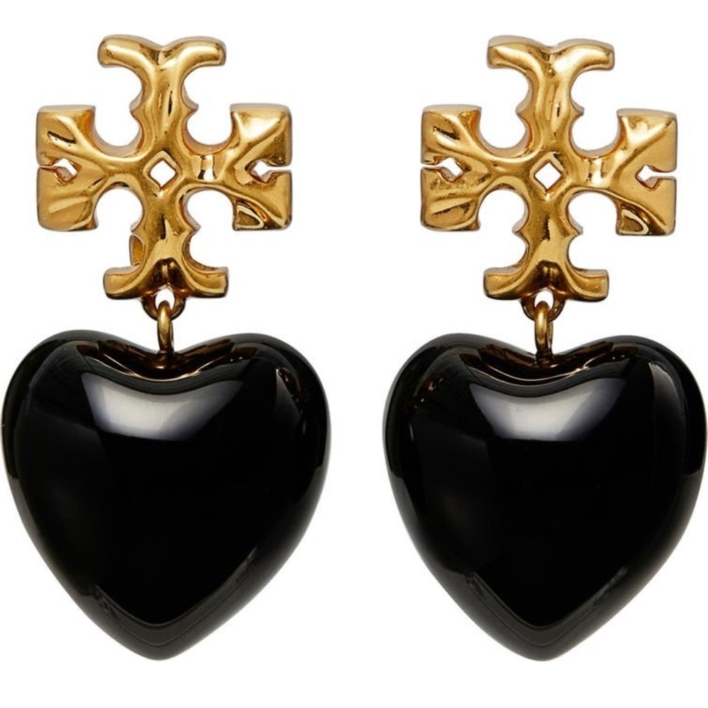 Tory Burch Authentic Vintage Roxanne Gold-Tone & Resin Heart Earrings In Black - Picture 4 of 10
